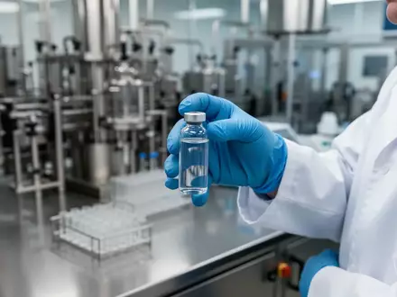 Ein Wissenschaftler in einem modernen Labor hält ein medizinisches Fläschchen vor dem Hintergrund einer Produktionsanlage. - Foto: über boerse-global.de