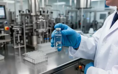 Ein Wissenschaftler in einem modernen Labor hält ein medizinisches Fläschchen vor dem Hintergrund einer Produktionsanlage. - Foto: über boerse-global.de