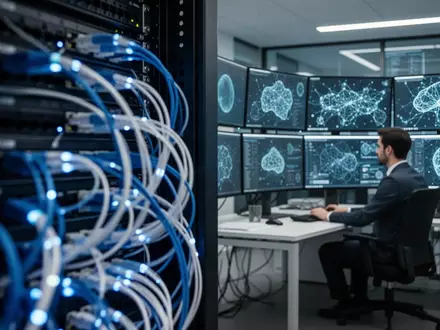 Moderne IT-Sicherheitszentrale mit Servern und Datenvisualisierungen zur KI-Sicherheit. - Foto: über boerse-global.de
