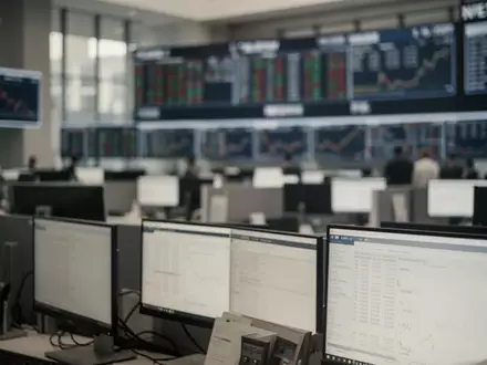 Leere Computerbildschirme in einem modernen Büro vor dem Hintergrund eines verschwommenen Börsenparketts. - Foto: über boerse-global.de