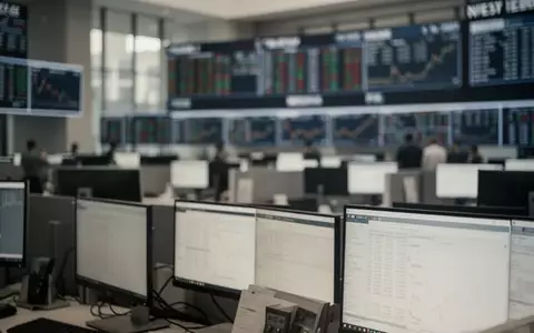 Leere Computerbildschirme in einem modernen Büro vor dem Hintergrund eines verschwommenen Börsenparketts. - Foto: über boerse-global.de
