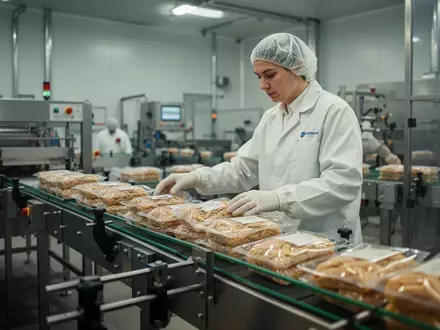 Ein Mitarbeiter in einem modernen Lebensmittelverarbeitungsbetrieb an einem Edelstahl-Fließband. - Foto: über boerse-global.de