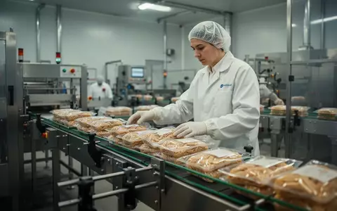 Ein Mitarbeiter in einem modernen Lebensmittelverarbeitungsbetrieb an einem Edelstahl-Fließband. - Foto: über boerse-global.de
