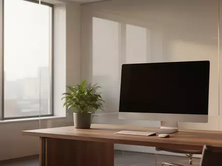 Ein minimalistischer, lichtdurchfluteter Arbeitsbereich mit einem ausgeschalteten Monitor und einer Pflanze. - Foto: über boerse-global.de