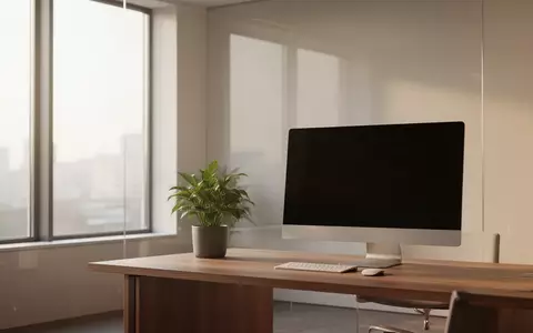 Ein minimalistischer, lichtdurchfluteter Arbeitsbereich mit einem ausgeschalteten Monitor und einer Pflanze. - Foto: über boerse-global.de