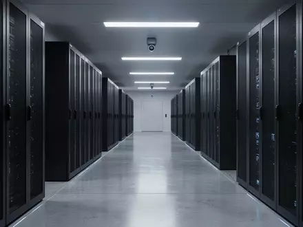 Ein moderner, minimalistischer Serverraum mit glänzenden Böden und matten Schaltschränken in kühler Beleuchtung. - Foto: über boerse-global.de