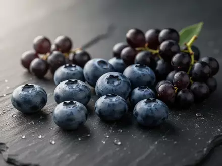 Frische Blaubeeren und Weintrauben liegen auf einem dunklen Steinhintergrund. - Foto: über boerse-global.de