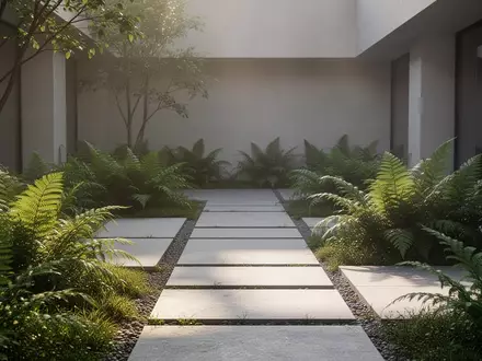 Ein ruhiger, minimalistischer Garten mit Steinwegen und Farnen, der eine Atmosphäre der Erholung und Heilung vermittelt. - Foto: über boerse-global.de