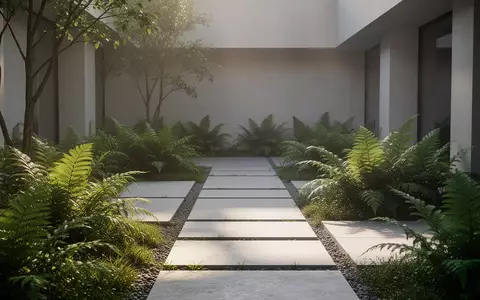 Ein ruhiger, minimalistischer Garten mit Steinwegen und Farnen, der eine Atmosphäre der Erholung und Heilung vermittelt. - Foto: über boerse-global.de