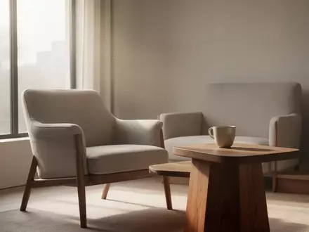 Ein ruhiger, lichtdurchfluteter Wohnraum mit einem Sessel und einem Beistelltisch in einer minimalistischen, einladenden Umgebung. - Foto: über boerse-global.de
