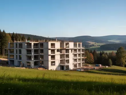 Rohbau moderner Mehrfamilienhäuser in einer hügeligen Waldlandschaft im Erzgebirge bei Tageslicht. - Foto: über boerse-global.de