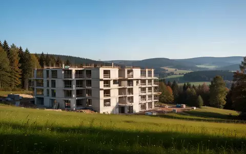 Rohbau moderner Mehrfamilienhäuser in einer hügeligen Waldlandschaft im Erzgebirge bei Tageslicht. - Foto: über boerse-global.de