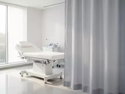 Ein heller, minimalistischer Behandlungsraum in einer Klinik mit einer medizinischen Untersuchungsliege in sanftem Tageslicht. - Foto: über boerse-global.de