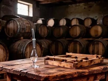 Reihen von Eichenfässern in einem traditionellen Lagerhaus einer Brennerei mit einer Pipette auf einem Holztisch. - Foto: über boerse-global.de