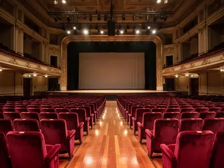 Leerer Konzertsaal mit samtbezogenen Sitzreihen und Blick auf die Bühne in einem modernen Gebäude. - Foto: über boerse-global.de