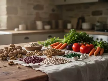 Naturbelassene Lebensmittel wie Nüsse und Hülsenfrüchte auf einem rustikalen Holztisch in einer hellen Küche. - Foto: über boerse-global.de