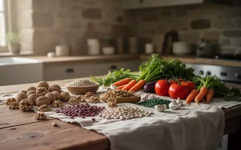 Naturbelassene Lebensmittel wie Nüsse und Hülsenfrüchte auf einem rustikalen Holztisch in einer hellen Küche. - Foto: über boerse-global.de