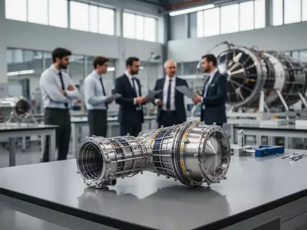 Ein technisches Bauteil aus der Luft- und Raumfahrttechnik auf einer Werkbank in einem modernen Ingenieurbüro. - Foto: über boerse-global.de