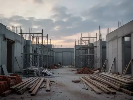Eine unfertige Baustelle mit Rohbauwänden, Gerüsten und Baumaterialien unter einem bewölkten Himmel. - Foto: über boerse-global.de