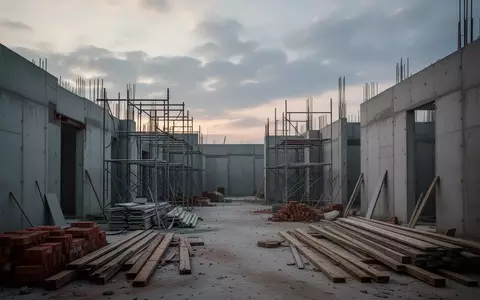 Eine unfertige Baustelle mit Rohbauwänden, Gerüsten und Baumaterialien unter einem bewölkten Himmel. - Foto: über boerse-global.de
