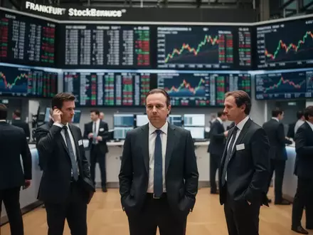 Börsenparkett der Frankfurter Wertpapierbörse mit Händlern in Geschäftskleidung vor unscharfen Anzeigetafeln. - Foto: über boerse-global.de