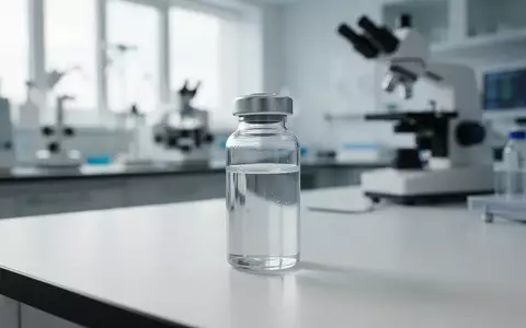 Ein medizinisches Fläschchen mit klarem Wirkstoff steht auf einem Labortisch in einer hellen klinischen Umgebung. - Foto: über boerse-global.de