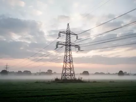 Hochspannungsmast auf einem nebligen Feld bei Sonnenaufgang als Symbol für die Energieinfrastruktur. - Foto: über boerse-global.de