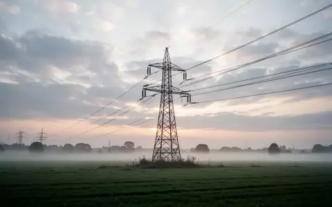 Hochspannungsmast auf einem nebligen Feld bei Sonnenaufgang als Symbol fĂĽr die Energieinfrastruktur. - Foto: ĂĽber boerse-global.de