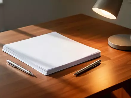 Ein minimalistischer Schreibtisch mit Papierstapel und Schreibtischlampe in einem hellen, modernen Büro. - Foto: über boerse-global.de
