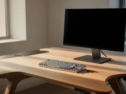 Ein minimalistischer, aufgeräumter Arbeitsplatz mit einem Holztisch und einem ausgeschalteten Monitor in natürlichem Licht. - Foto: über boerse-global.de
