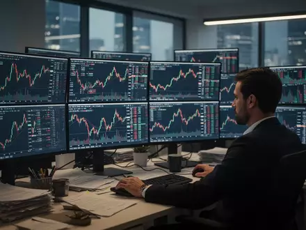 Ein Börsenhändler arbeitet konzentriert an Monitoren mit Aktienkursverläufen in einem modern beleuchteten Büro. - Foto: über boerse-global.de