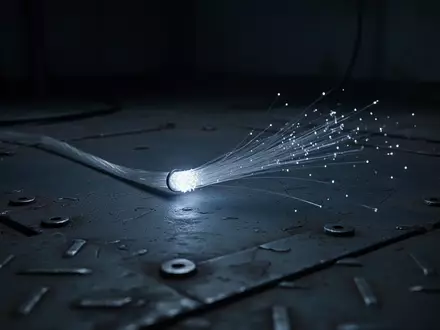 Ein einzelnes leuchtendes Glasfaserkabel auf einer dunklen, industriellen Metalloberfläche bei gedimmtem Licht. - Foto: über boerse-global.de