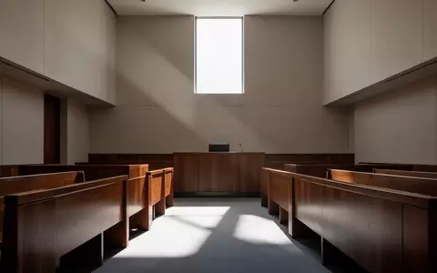 Ein minimalistischer, leerer Gerichtssaal mit polierten Holzbänken und hellem Lichteinfall durch hohe Fenster. - Foto: über boerse-global.de