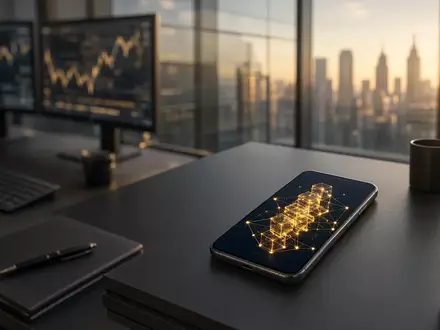 Ein moderner Finanzarbeitsplatz mit einem Smartphone, das digitale Finanztransaktionen symbolisiert, bei natürlichem Licht. - Foto: über boerse-global.de