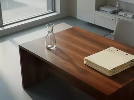 Ein minimalistischer, leerer Schreibtisch mit leeren Patientenakten in einem hellen, modernen Bürogebäude. - Foto: über boerse-global.de