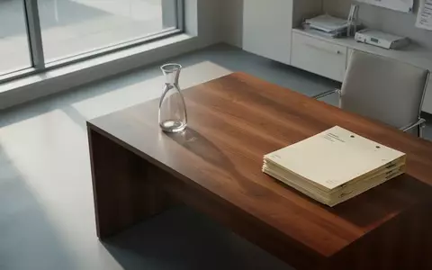 Ein minimalistischer, leerer Schreibtisch mit leeren Patientenakten in einem hellen, modernen Bürogebäude. - Foto: über boerse-global.de