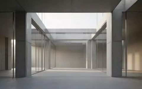 Minimalistische, moderne Architektur mit klaren geometrischen Linien und soliden Säulen in einem ruhigen, hellen Innenraum. - Foto: über boerse-global.de