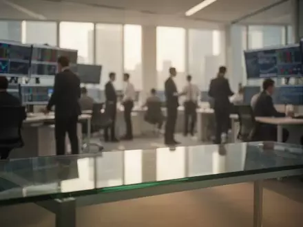 Ein moderner Börsenhandelssaal mit verschwommenen Personen im Hintergrund und einem leeren Schreibtisch im Vordergrund. - Foto: über boerse-global.de