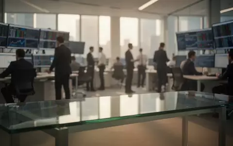 Ein moderner Börsenhandelssaal mit verschwommenen Personen im Hintergrund und einem leeren Schreibtisch im Vordergrund. - Foto: über boerse-global.de