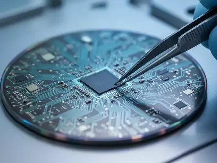 Ein Silizium-Wafer wird in einer modernen Halbleiter-Fertigungsanlage mit einer Pinzette gehalten. - Foto: über boerse-global.de