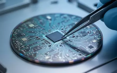 Ein Silizium-Wafer wird in einer modernen Halbleiter-Fertigungsanlage mit einer Pinzette gehalten. - Foto: über boerse-global.de