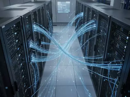 Moderne Serverinfrastruktur mit blau leuchtenden Glasfaserkabeln in einem Rechenzentrum. - Foto: über boerse-global.de