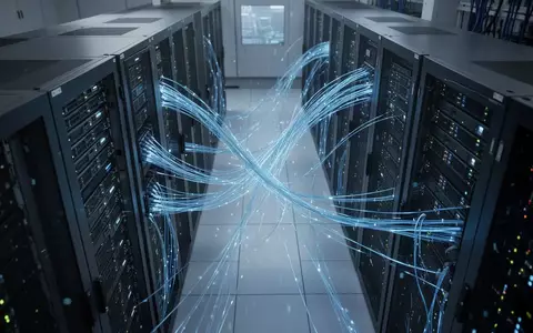 Moderne Serverinfrastruktur mit blau leuchtenden Glasfaserkabeln in einem Rechenzentrum. - Foto: über boerse-global.de