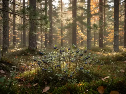 Ein sonnendurchfluteter Nadelwald in Schweden mit Blaubeersträuchern am Waldboden in einer ruhigen, unberührten Naturlandschaft. - Foto: über boerse-global.de