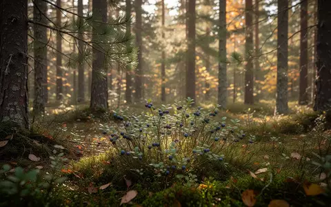Ein sonnendurchfluteter Nadelwald in Schweden mit Blaubeersträuchern am Waldboden in einer ruhigen, unberührten Naturlandschaft. - Foto: über boerse-global.de