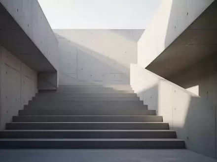 Eine moderne, minimalistische Betontreppe in einem hellen, architektonischen Raum mit klaren geometrischen Schatten. - Foto: über boerse-global.de