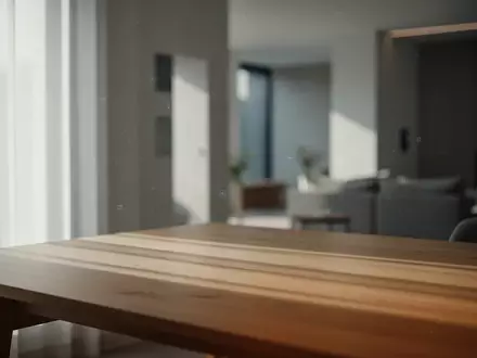 Minimalistisch eingerichteter Wohnraum mit diffusem Tageslicht, das sanfte Schatten auf einen Holztisch wirft. - Foto: ĂĽber boerse-global.de