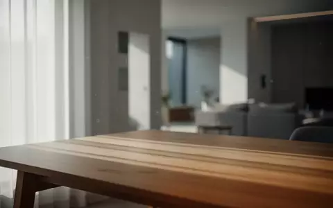 Minimalistisch eingerichteter Wohnraum mit diffusem Tageslicht, das sanfte Schatten auf einen Holztisch wirft. - Foto: über boerse-global.de
