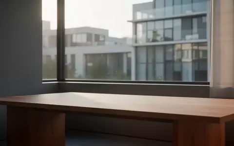 Ein minimalistischer Arbeitsplatz mit einem leeren Holztisch in hellem, natürlichem Sonnenlicht vor einer modernen Architektur. - Foto: über boerse-global.de