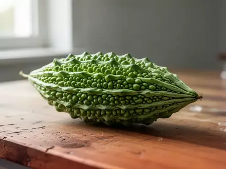 Eine frische Bittermelone liegt auf einem hölzernen Labortisch in natürlichem Licht. - Foto: über boerse-global.de